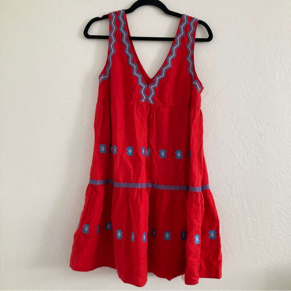 Loft Linen Blend Red Dress V Neck Embroidered Boho Festival Floral Tiered XS